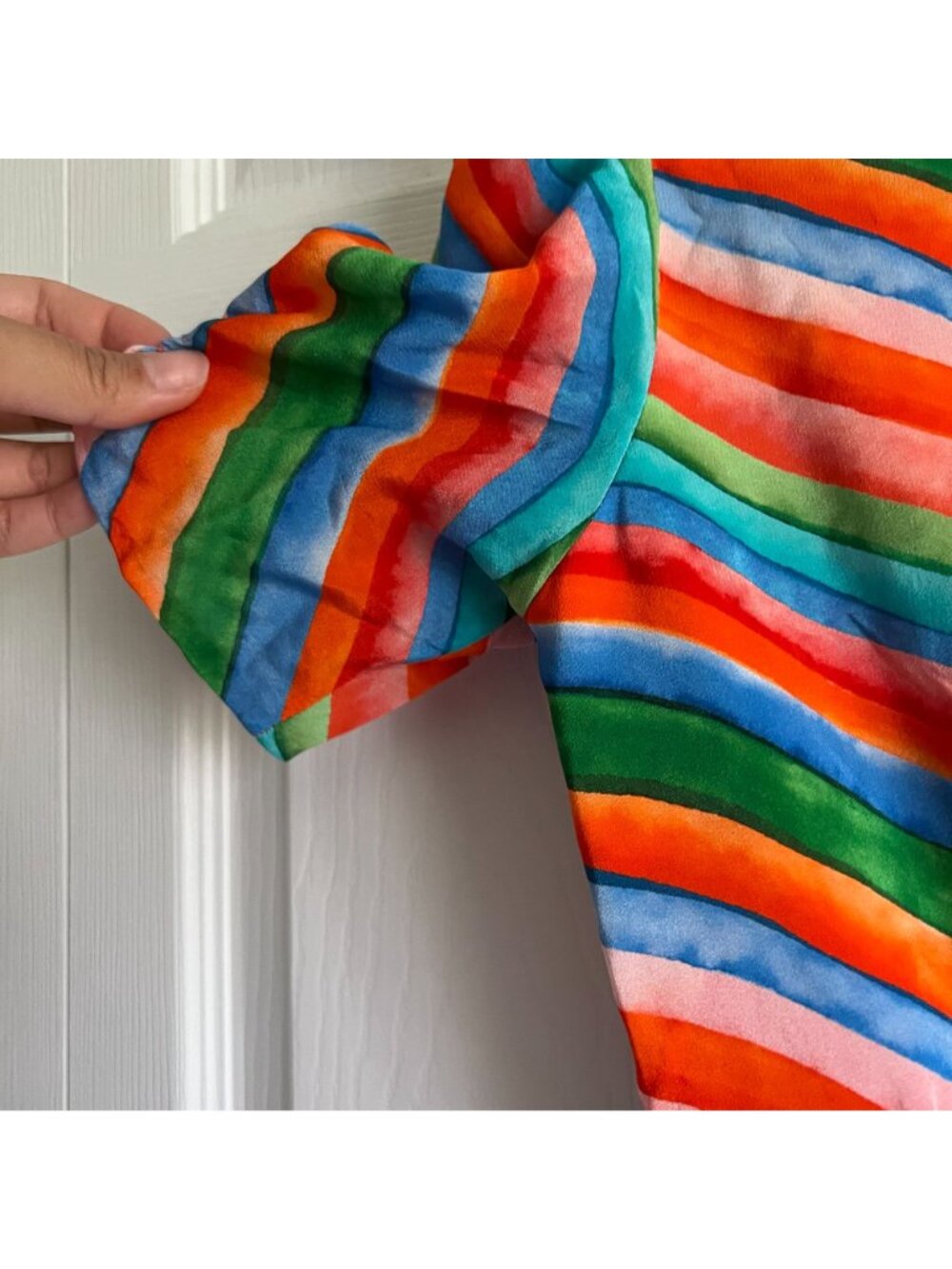 Saloni Lea Orange Red Blue Green Striped Short Sleeve Maxi Dress Women's Size 4 - Picture 11 of 13